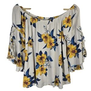 Gypsies & Moondust Off Shoulder Floral Bell Sleeve Blouse Cream Yellow Blue L